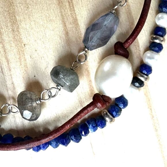 Sterling Silver Labradorite, Lapis, Pearl & Leather multi strand Bracelet - Picture 8 of 9
